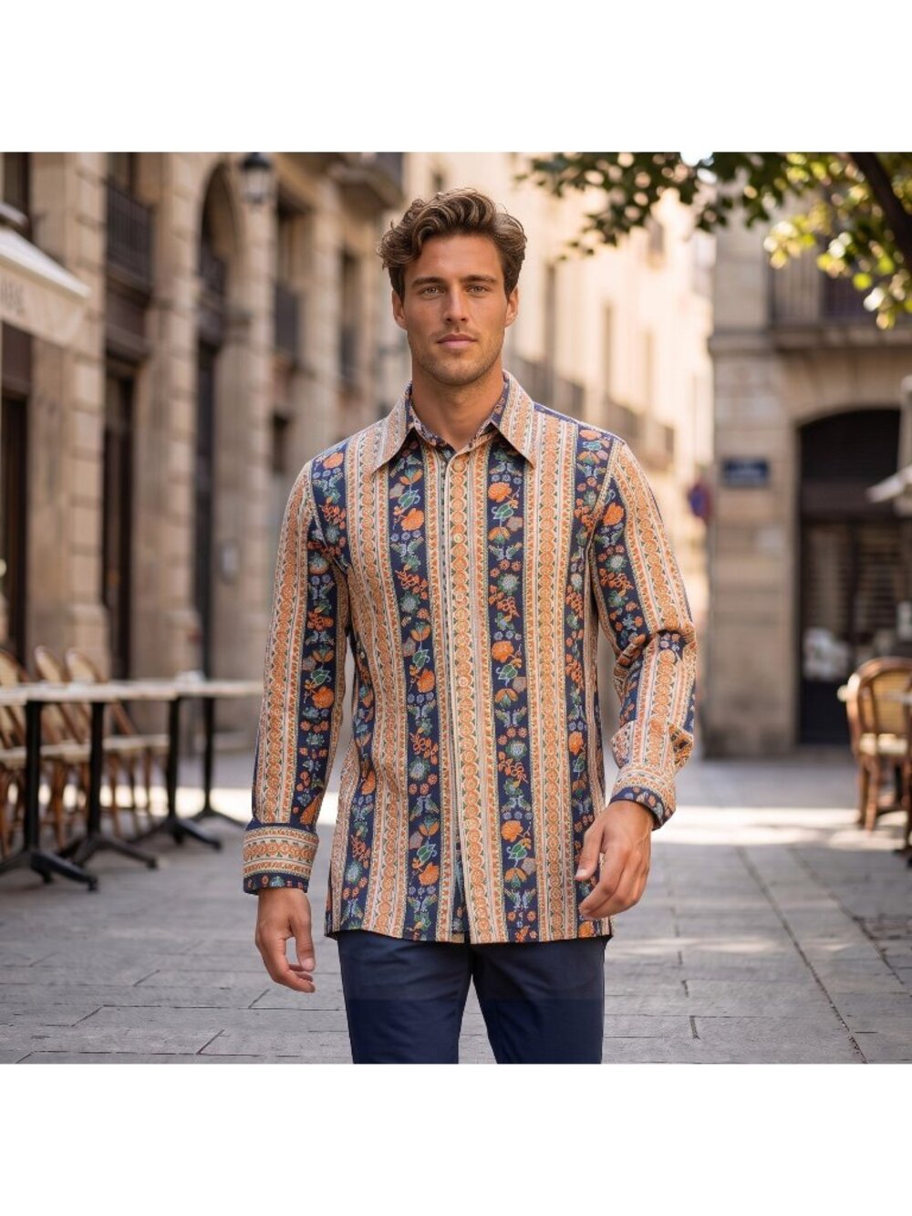 70s Mens Disco Button Up Sz L Longsleeve Floral Bird Print Colorful Dagger